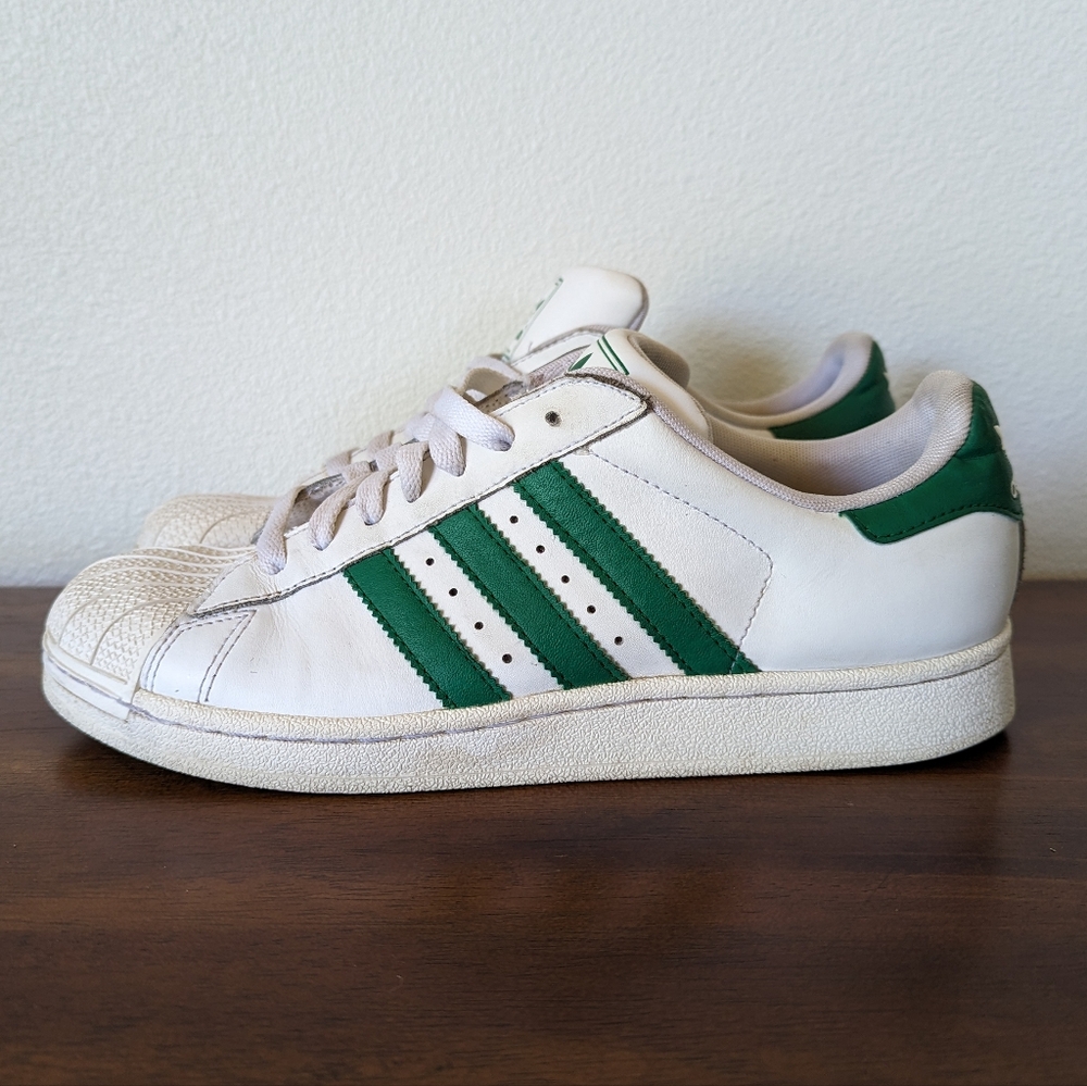 Adidas Superstar Original Men's Sneakers Cloud White Green Stripes Size 7 - Picture 2 of 11